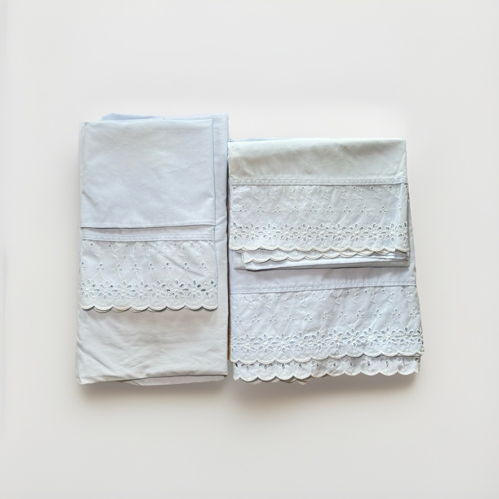 VTG Dan River Twin Sheet Set – 1 Flat, 1‎ Fitted, 2 Cases Blue Eyelet Lace USA